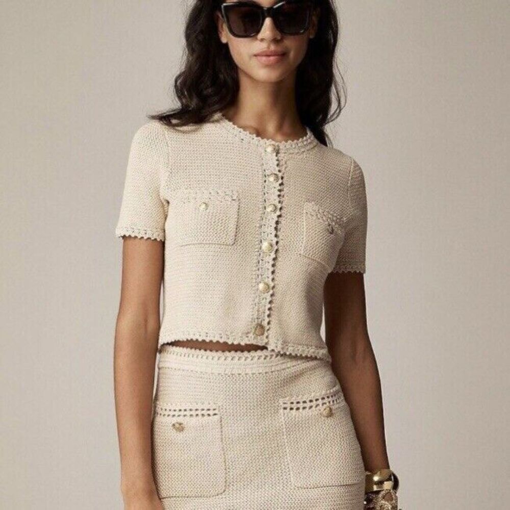 J Crew Short Sleeve Sweater Lady Jacket Womens XS Cream Classic Crop Top Crochet